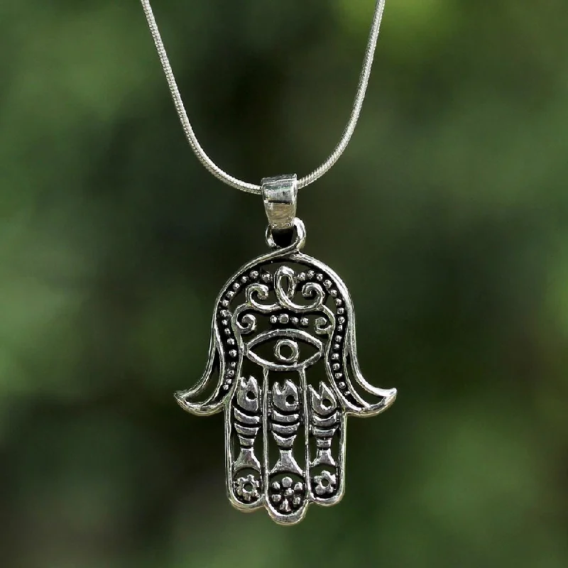 Half moon necklaces-Handmade Sterling Silver 'Hamsa Charm' Necklace (Thailand)