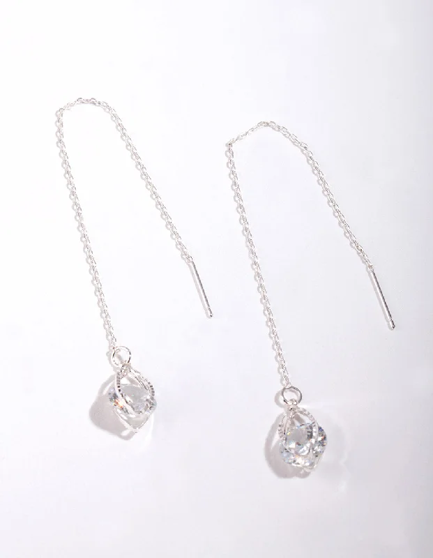 Fine bead earrings-Silver Cubic Zirconia Chain Teardrop Earrings