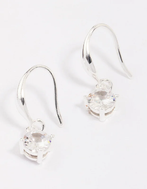 Wide hoop earrings-Silver Plated Cubic Zirconia Solitaire Hook Earrings