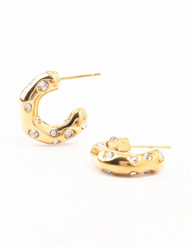 Thick tier earrings-Waterproof Gold Plated Stainless Steel Crystal Molten Hoop Earrings