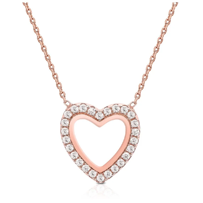 Retro deco necklaces-Dolce Giavonna Rose Gold Over Sterling Silver Cubic Zirconia Open Heart Necklace