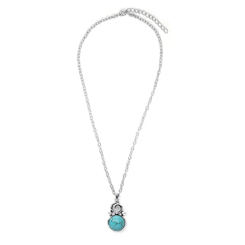 Neat-line necklaces-Silver Plated Simulated Turquoise Swirl Round Pendant Necklace