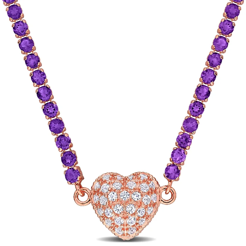 Spinel necklaces-Miadora 11 5/8ct TGW African Amethyst Created White Sapphire Tennis Necklace in Rose Silver-17 in