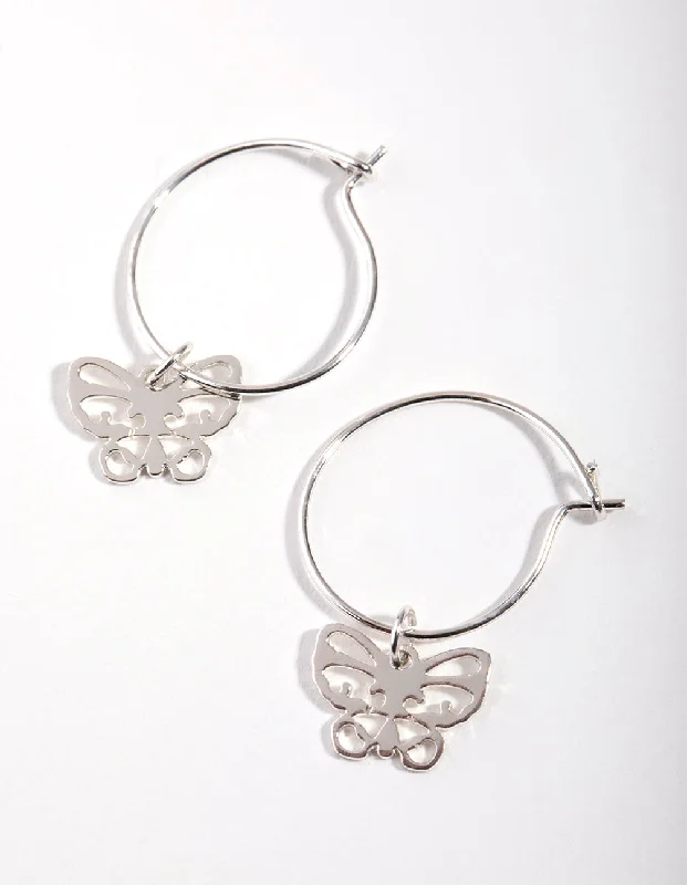 Bamboo style earrings-Silver Cutout Butterfly Huggie Earrings