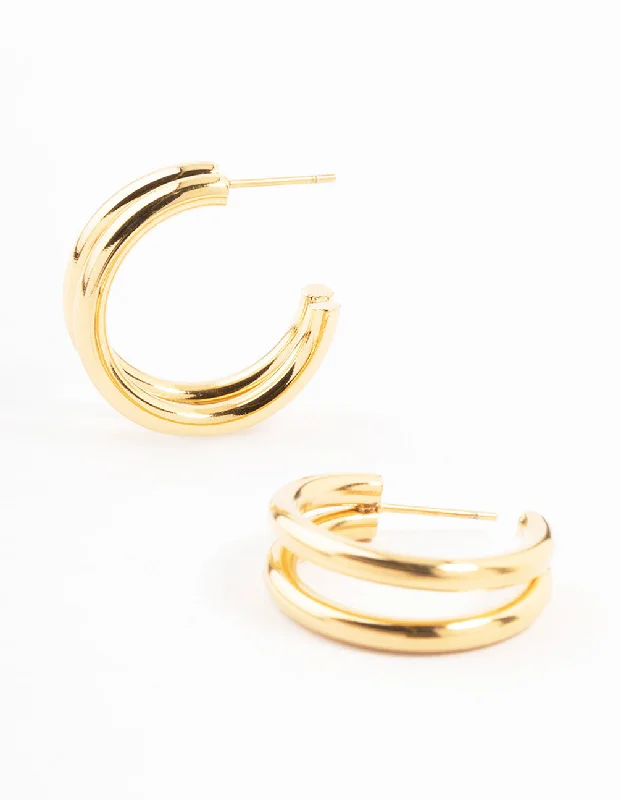 Bright stud earrings-Waterproof Gold Plated Stainless Steel Two Layered Hoop Earrings