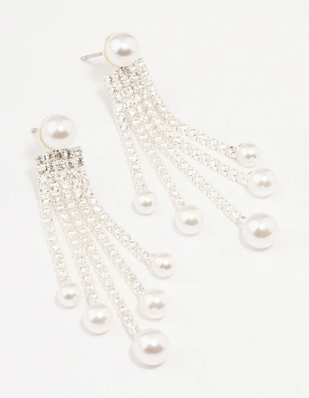 Polished art earrings-Silver Plated Cup Chain & Pearl Drop Earrings