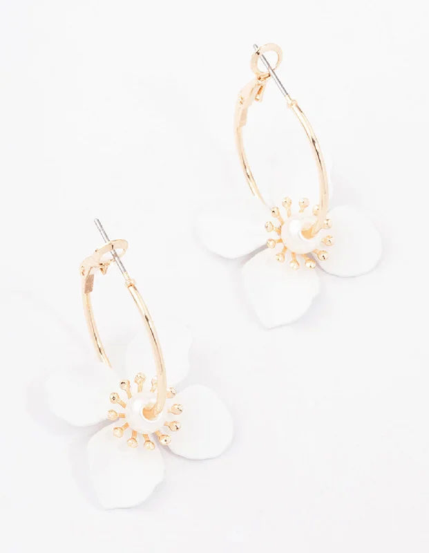 Silk tassel earrings-Gold Pearl Flower Hoop Earrings