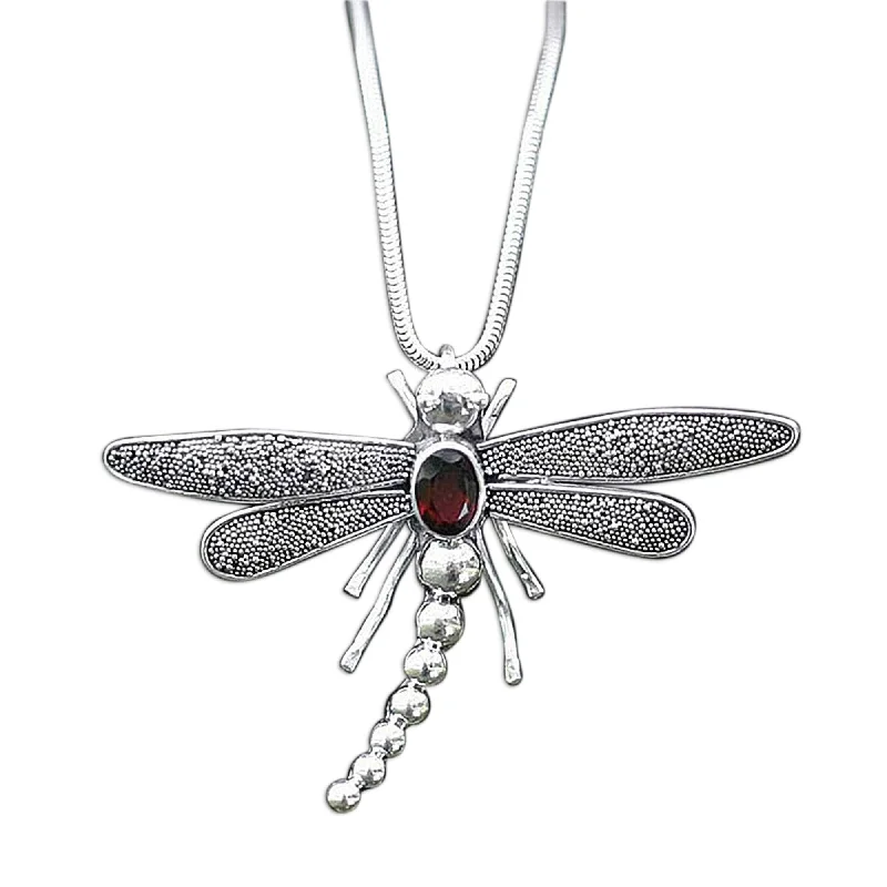 Cotton braid necklaces-NOVICA Handmade Garnet Pendant Necklace, 'Enchanted Dragonfly' (Indonesia)