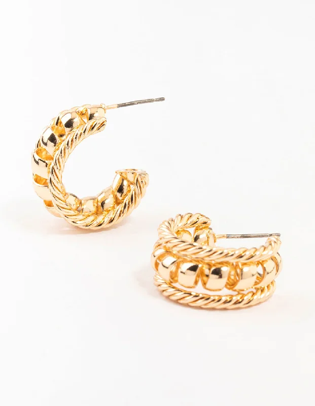 Bold cuff earrings-Gold Twisted Rope & Ball Hoop Earrings