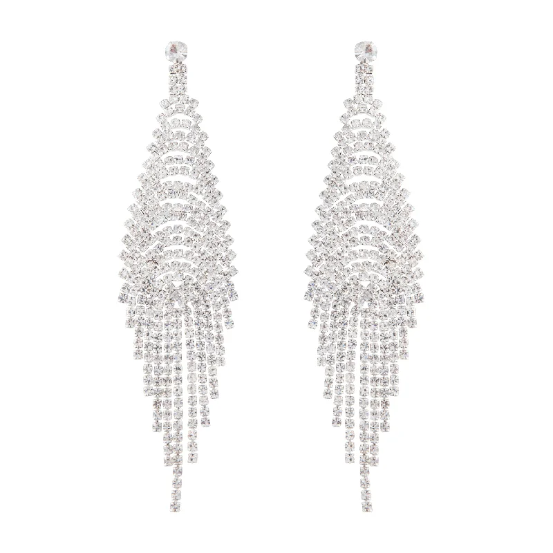 Lily motif earrings-Silver Cup Chain Diamante Fringe Drape Earrings