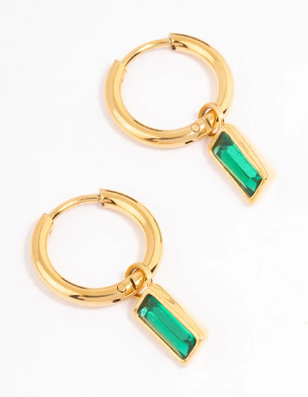 Polished bead earrings-Waterproof  Gold Plated Stainless Steel Classic Baguette Huggie Earrings