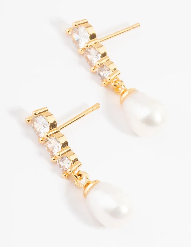 Square stud earrings-Gold Plated Cubic Zirconia Trio Freshwater Pearl Drop Earrings