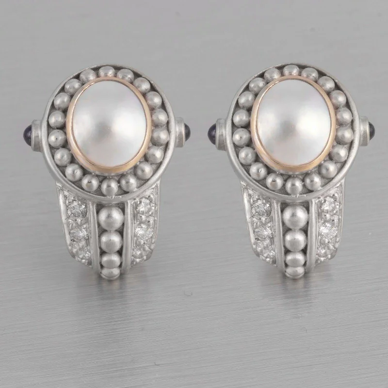 Topaz stud earrings-Judith Ripka 18k White Gold Cabochon Pearl Diamond & Sapphire Earrings 0.50ctw