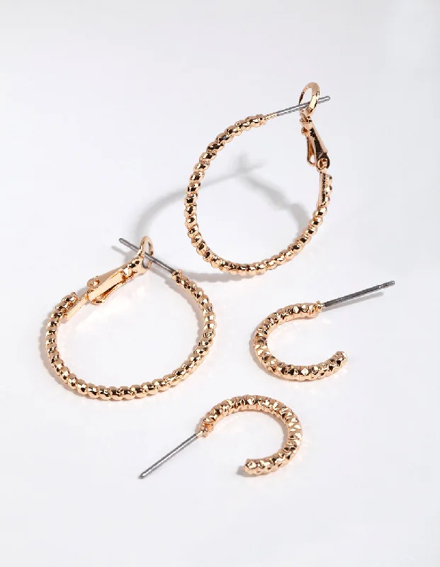 Swirl shape earrings-Gold Diamond Cut Hoop Earring Pack