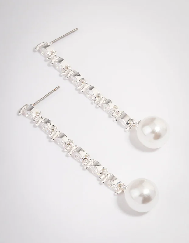 Thin pearl earrings-Silver Plated Fine Cubic Zirconia Round Pearl Drop Earrings