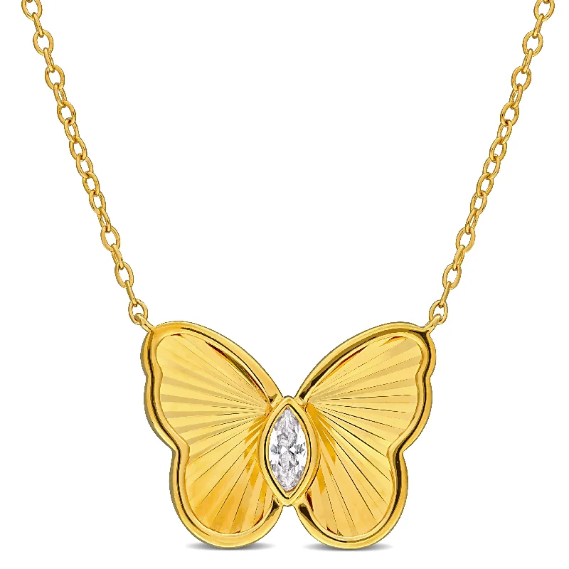 Cotton braid necklaces-Miadora 1/5ct TGW Marquise-Cut Created White Sapphire Butterfly Necklace in Yellow Silver-17in