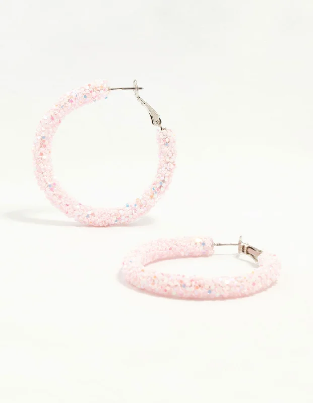 Polished bead earrings-Silver Pink Glitter Hoop Earrings