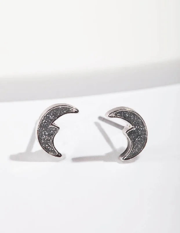 Java tile earrings-Silver Glitter Moon Stud Earrings