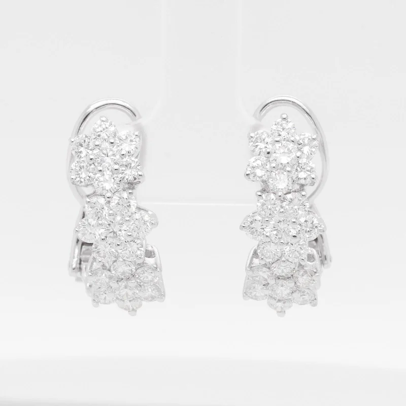 Silk fringe earrings-18k White Gold Diamond Triple Cluster Earrings 2.50ctw F VS1 - Omegaback Closure