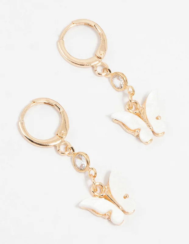 Solid ring earrings-Gold Diamante Butterfly Huggie Earrings