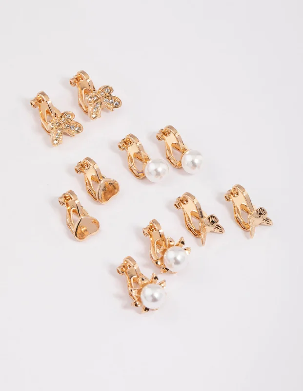 Topaz earrings-Gold Pretty Motif Clip On Earrings 5-Pack