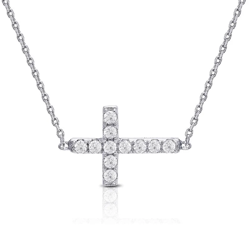 Layered link necklaces-Dolce Giavonna Sterling Silver Cubic Zirconia Sideways Cross Necklace