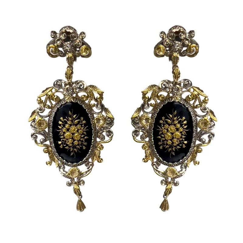 Astro charm earrings-Antique 18k Yellow Gold Painted Oval Cabochon Onyx & Pearl Earrings 36.5g