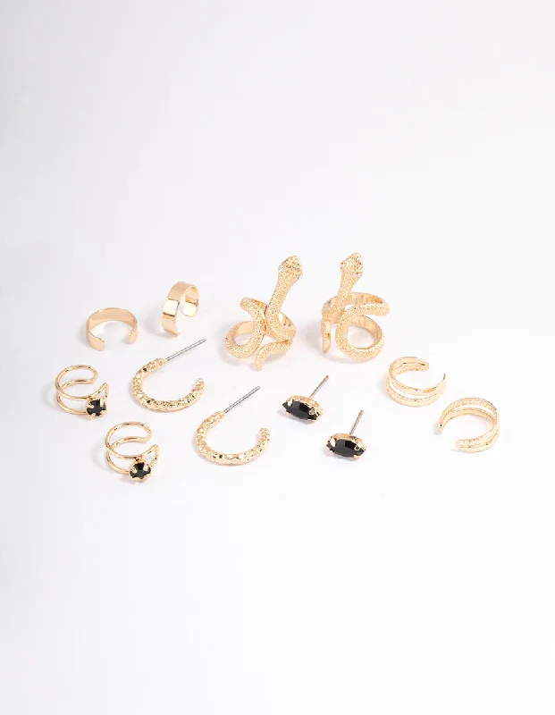 Radiant pearl earrings-Black Serpent Cuff Earrings 6-Pack