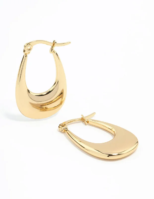 Glossy silver earrings-Waterproof Gold Plated Stainless Steel Elongated Flat Hoop Earrings