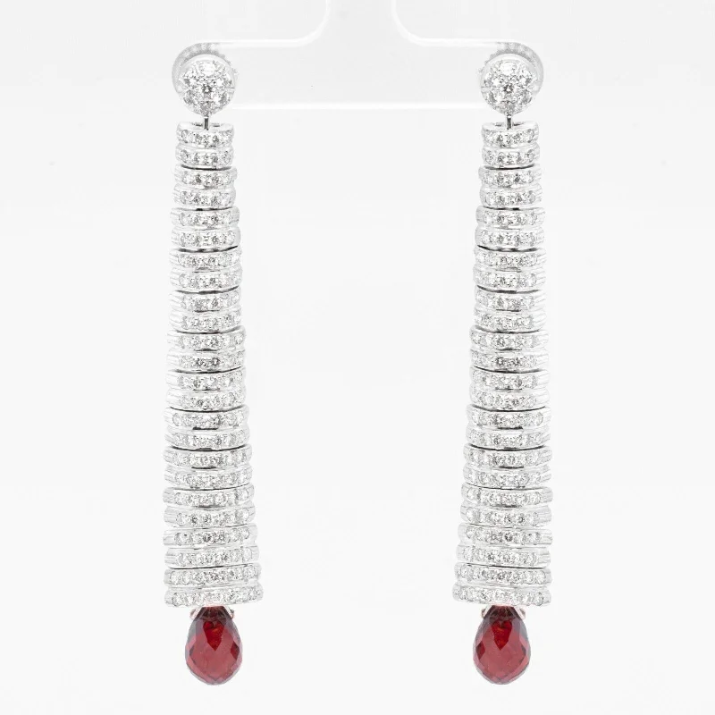 Spinel earrings-18k White Gold Earrings Caterpillar Diamond & Dangling Briolette Garnet 3.00ctw