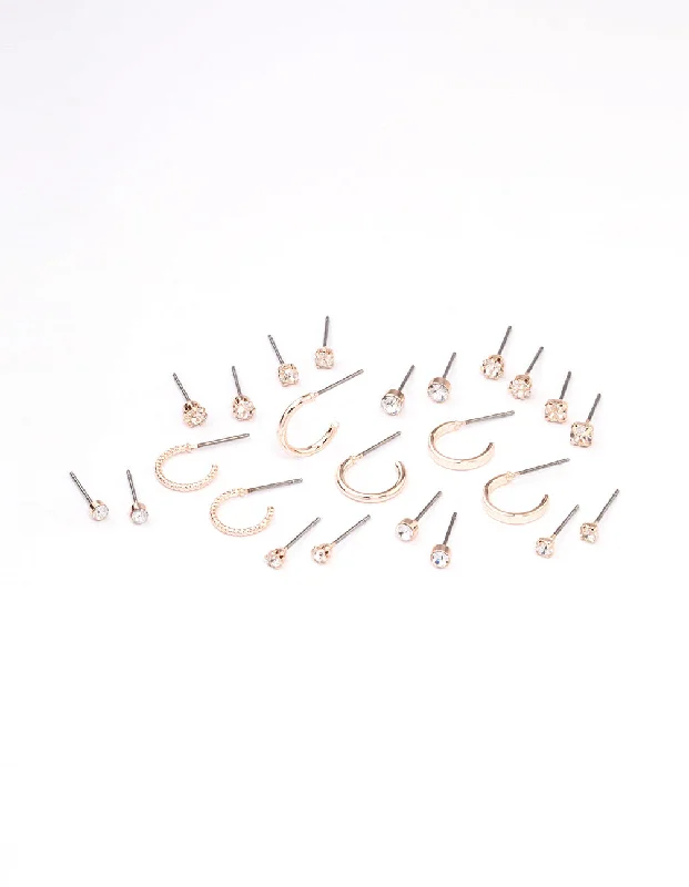 Smooth drop earrings-Rose Gold Diamante Stud & Hoop Earring 12-Pack