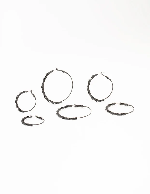 Onyx gem earrings-Black Coated Twisted Hoop Earrings 3-Pack