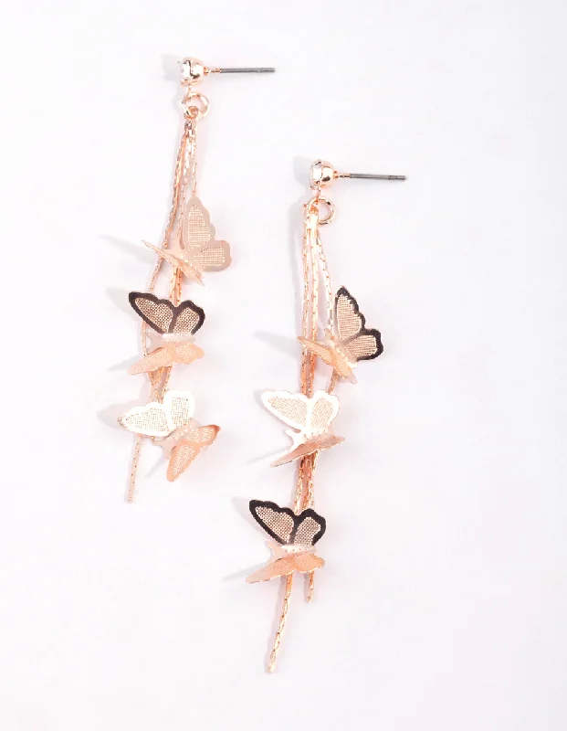 Silk cord earrings-Rose Gold Butterfly Drop Earrings