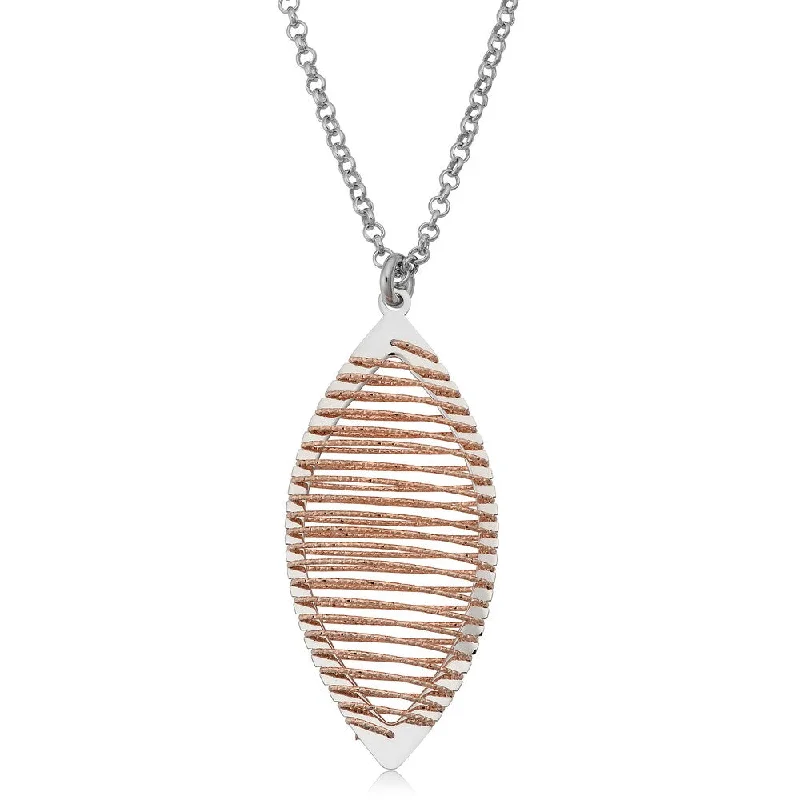 Oval shape necklaces-Argento Italia Rhodium and Rose Plated Sterling Silver Wire Wrapped Marquise Pendant Adjustable Length Necklace