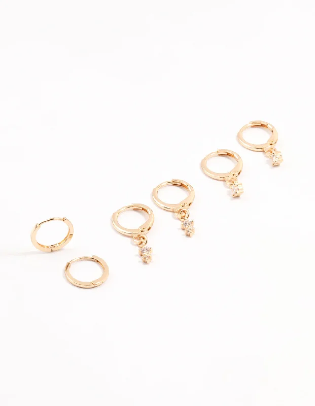 Bead weave earrings-Gold Dainty & Round Cubic Zirconia Hoop Earrings 3-Pack