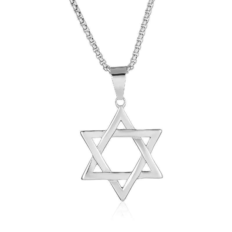 Tarnished silver necklaces-Men's Large Star of David Polished Stainless Steel Necklace - 24"