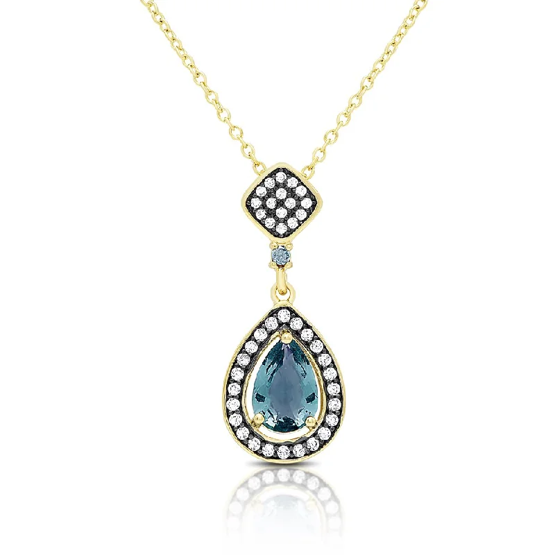 Topaz necklaces-Samantha Stone Gold Over Sterling Silver Simulated London Blue Topaz and Cubic Zirconia Teardrop Necklace