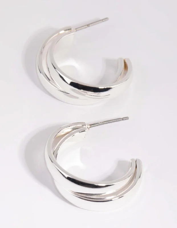 Radiant star earrings-Silver Smooth Double Hoop Earrings