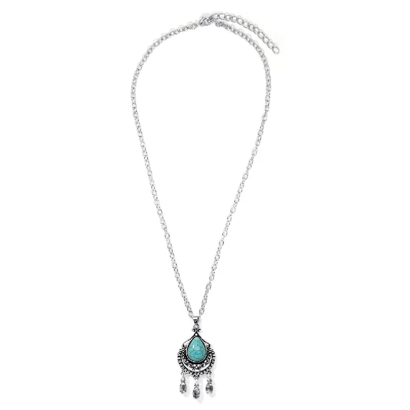 Coiled cord necklaces-Silver Plated Simulated Turquoise Pear Chandalier Necklace