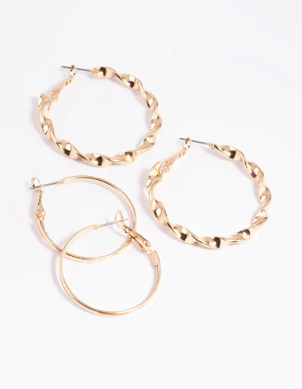 Playful pair earrings-Gold Wide Ribbon Hoop Earring Set