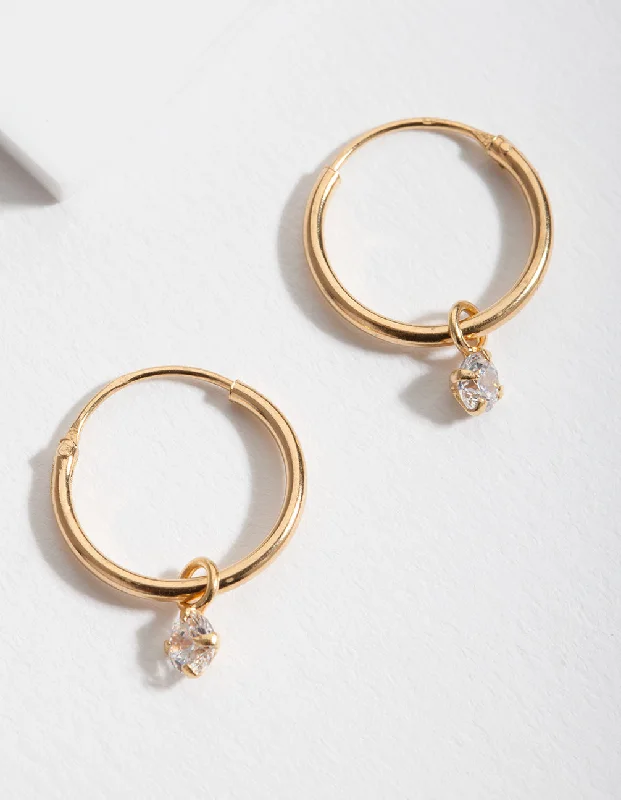 Petal hoop earrings-Gold Plated Sterling Silver Cubic Zirconia Dangle Hoop Earrings