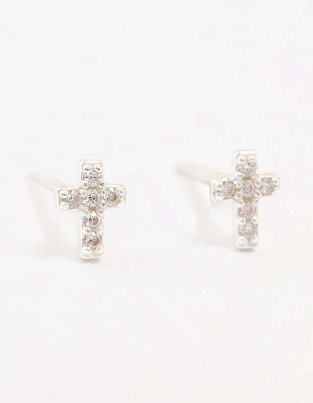 Pink gold earrings-Cubic Zirconia Cross Sterling Silver Stud Earrings