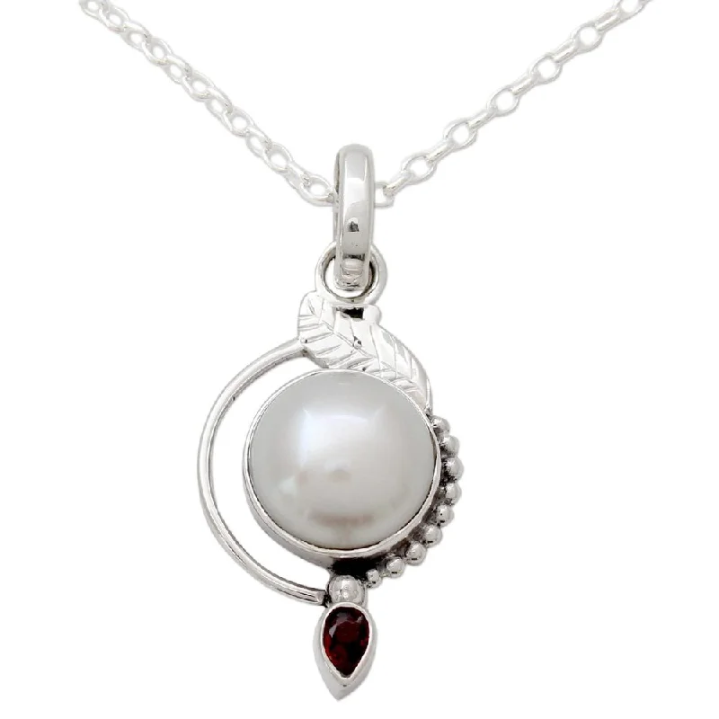 Tribal medallion necklaces-NOVICA Sterling Silver 'Sublime Romance' Pearl Garnet Necklace - 7'6" x 9'6"