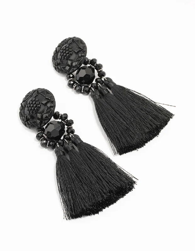 Wave design earrings-Black Tassel Fabric Large Drop Earrings