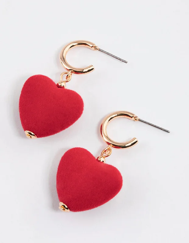 Pure crystal earrings-Gold Puffy Fuzzy Heart Drop Earrings