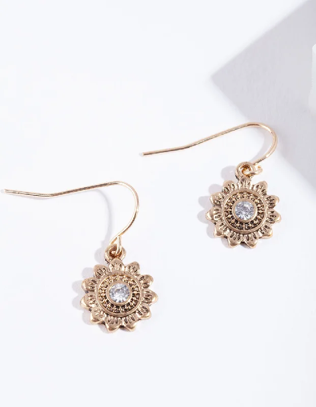 Worn medallion earrings-Gold Sun Drop Earrings