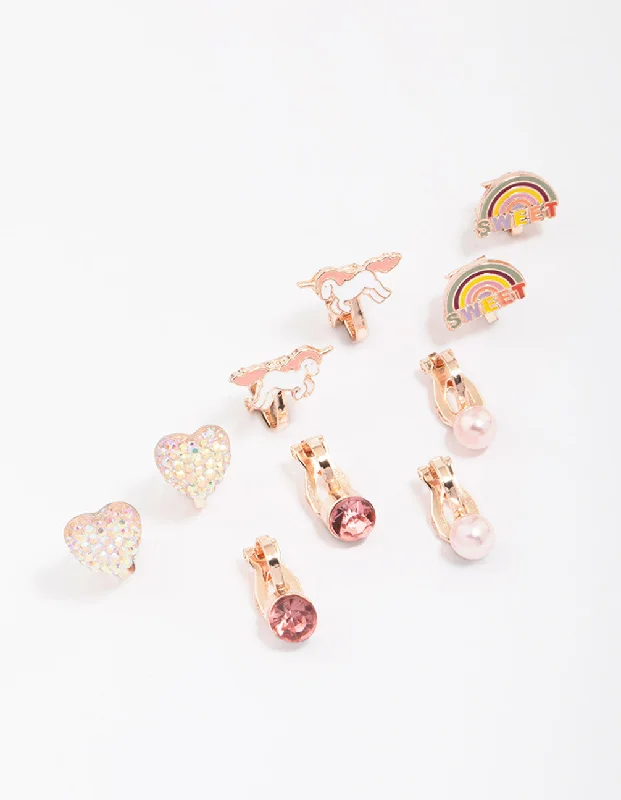 Spinel earrings-Kids Rose Gold Unicorn Clip On Earring 5-Pack