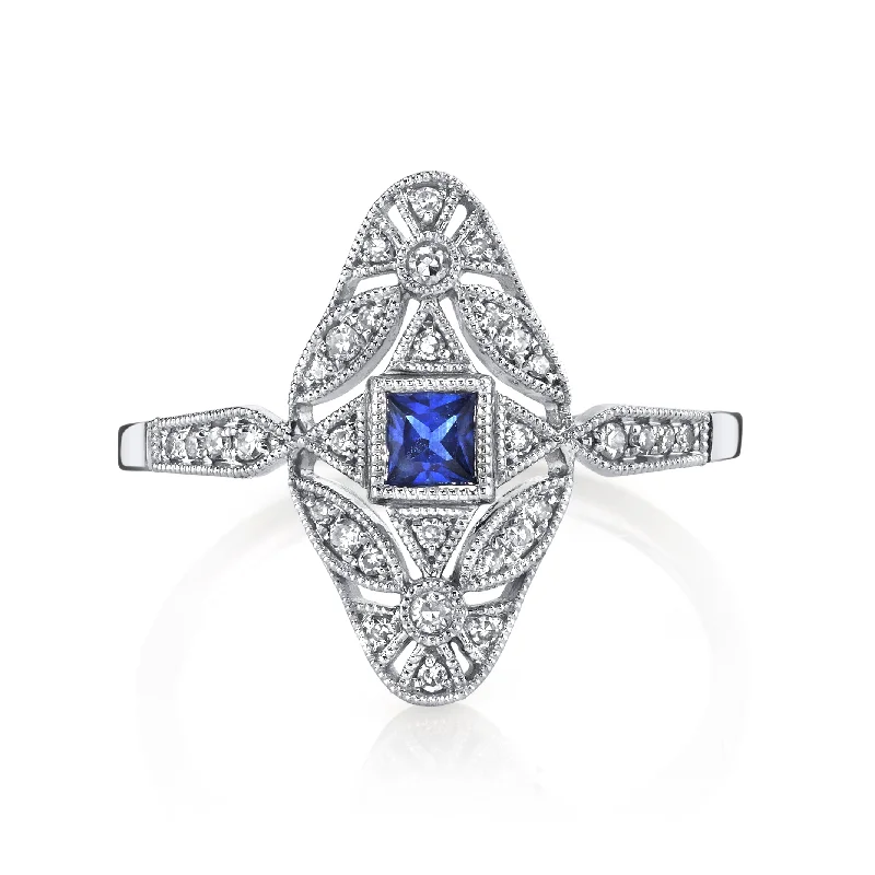 Cluster diamond engagement rings-14K White Gold 0.20ct. Sapphire & 0.13ct. Diamond Filigree & Milgrain Detailing Fashion Ring