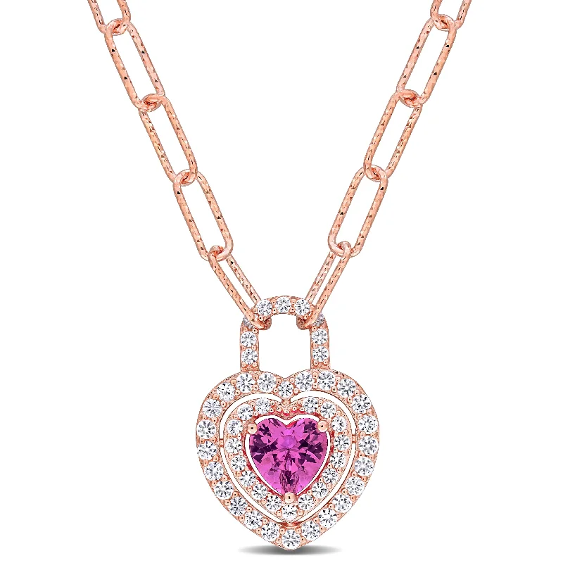 Oval gem necklaces-Miadora 1 3/4ct TGW Created Pink Sapphire & Created White Sapphire Heart Lock Necklace in Rose Silver