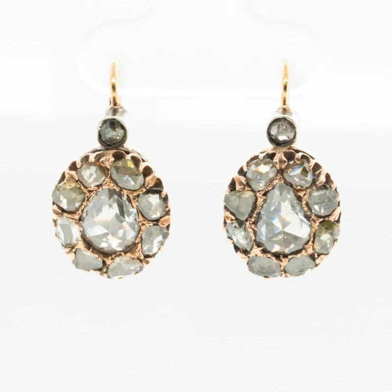 Vibrant enamel earrings-Antique 1800s 9k Yellow White & Rose Gold Rose Cut Diamond Cluster Earrings 3ctw